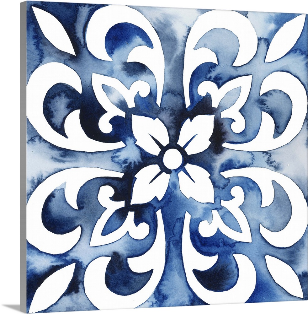 Watercolor painting of a floral tile design in blue and white.