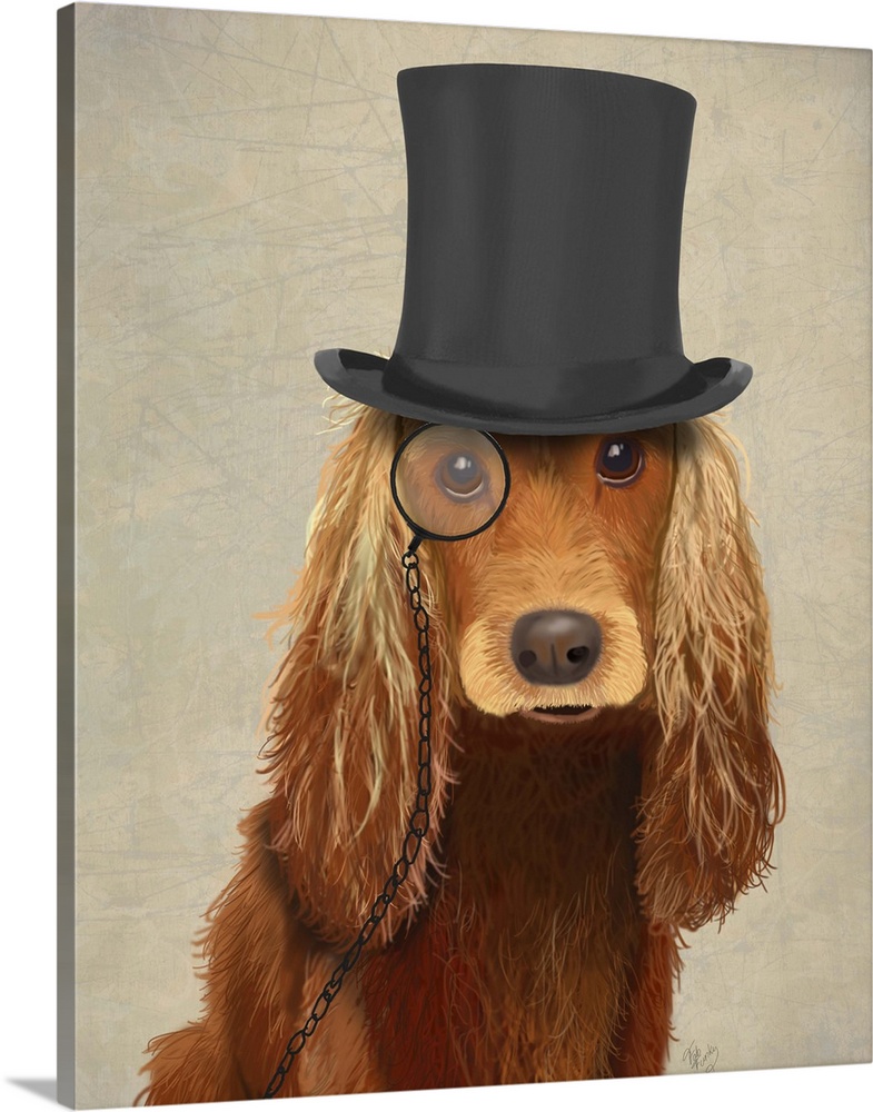 A sharp-dressed cocker spaniel wearing a monocle and top hat.