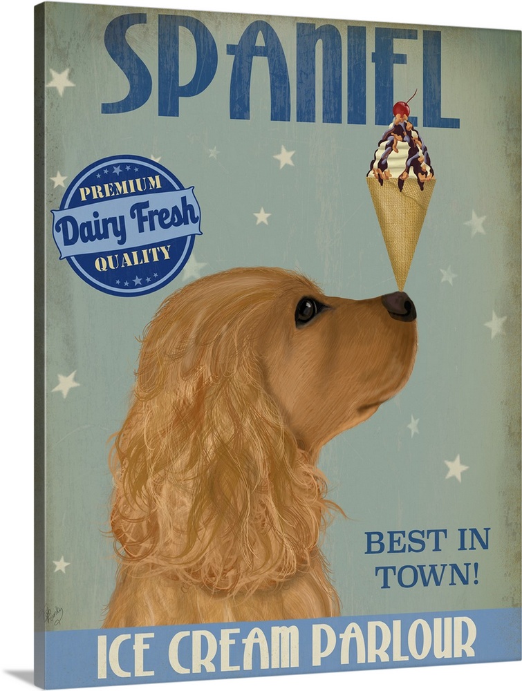 Decorative artwork of a Cocker Spaniel balancing an ice cream cone on its nose in an advertisement for an ice cream parlour.