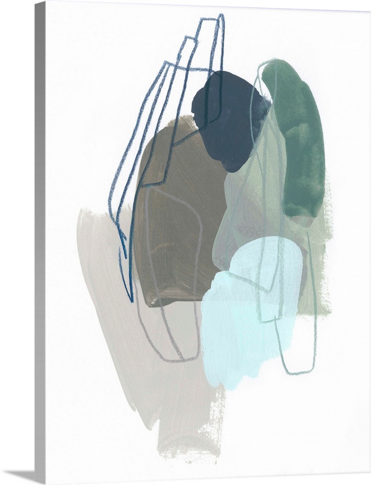 Abstract painting in cool tones of gray, blue and teal with overlaying scribbles in circular shapes.
