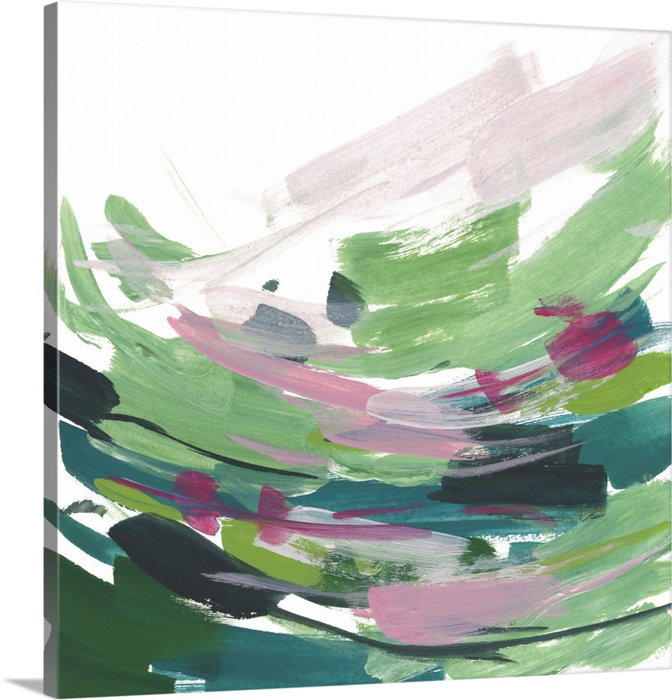 Contemporary abstract painting with short colorful brush strokes.