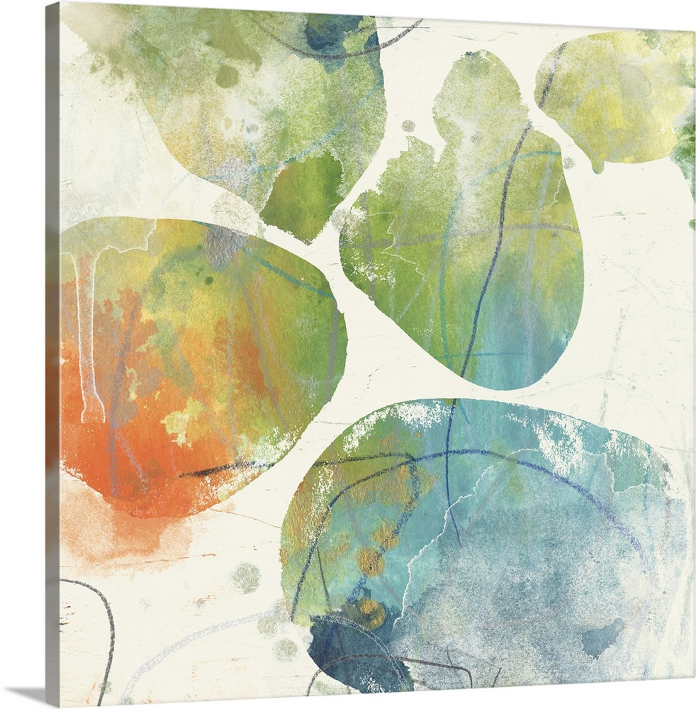 Contemporary abstract painting of organic shapes in multiple colors against a neutral background.