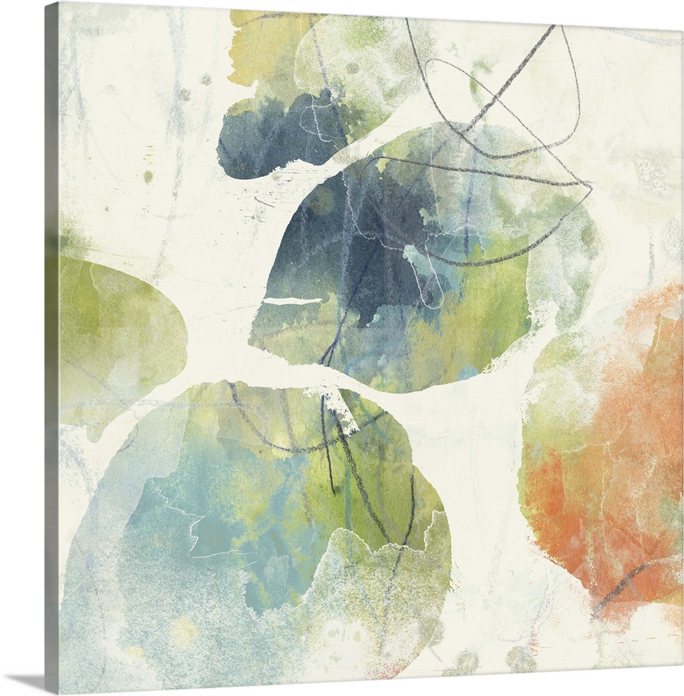 Contemporary abstract painting of organic shapes in multiple colors against a neutral background.