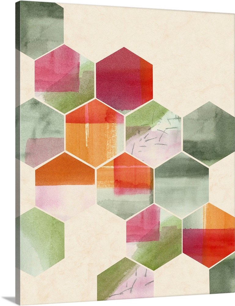 Geometric abstract art of hexagon shapes in red and green.