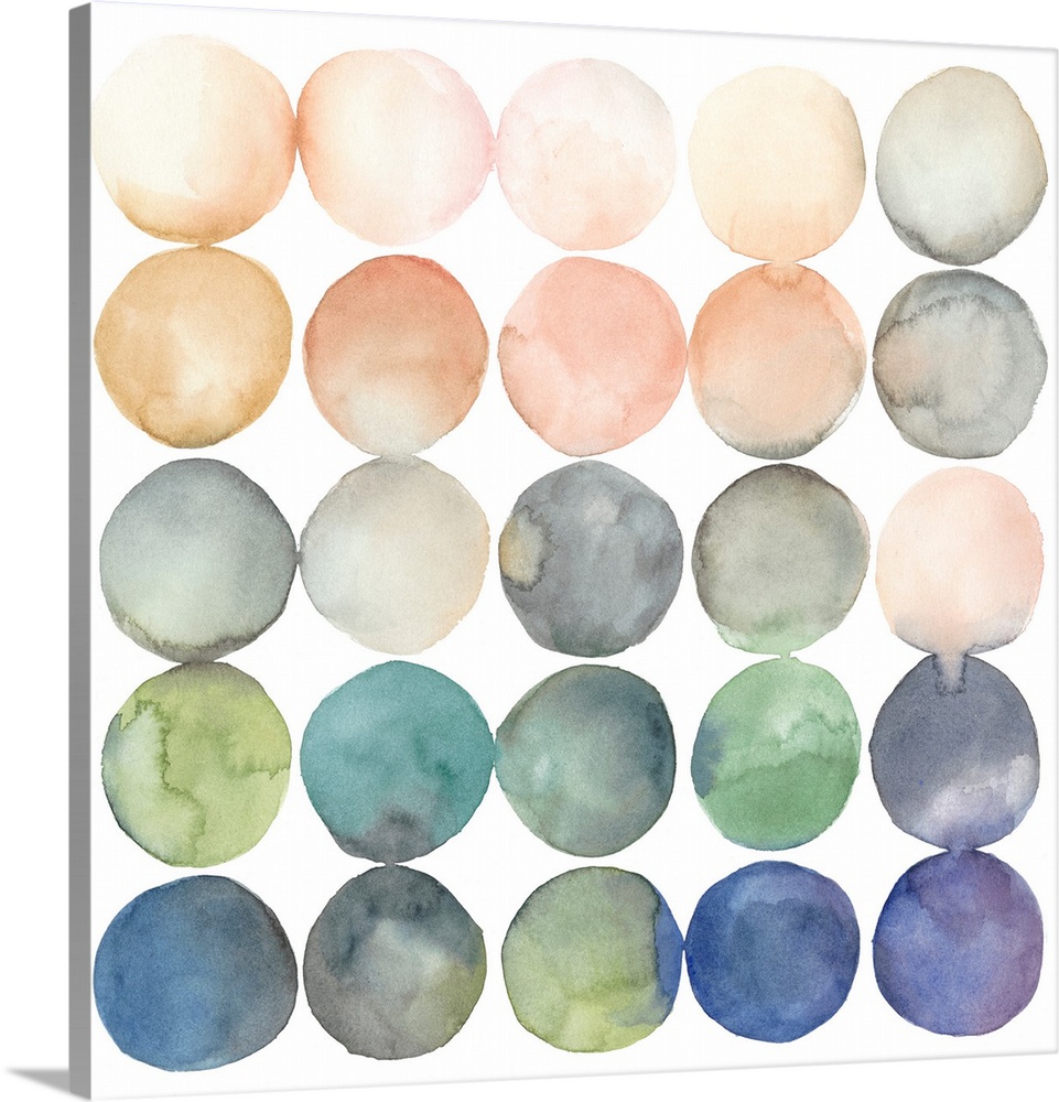 Watercolor art print of twenty-five round shapes in peach and blue shades.