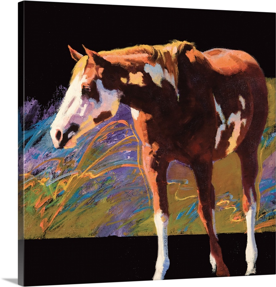 Square painting of a brown and white horse with an abstract background.