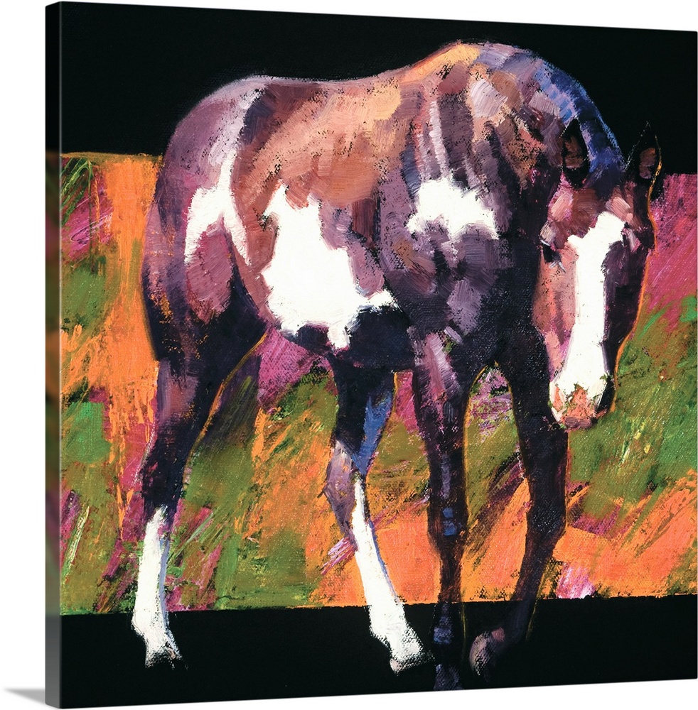 Square painting of a brown and white horse with an abstract background.