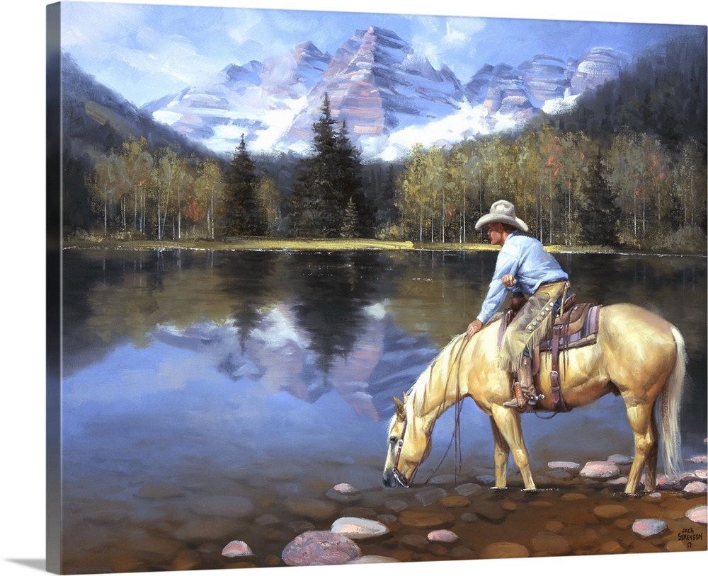 Contemporary Western artwork of a cowboy on his horse taking a drink from a mountain lake.