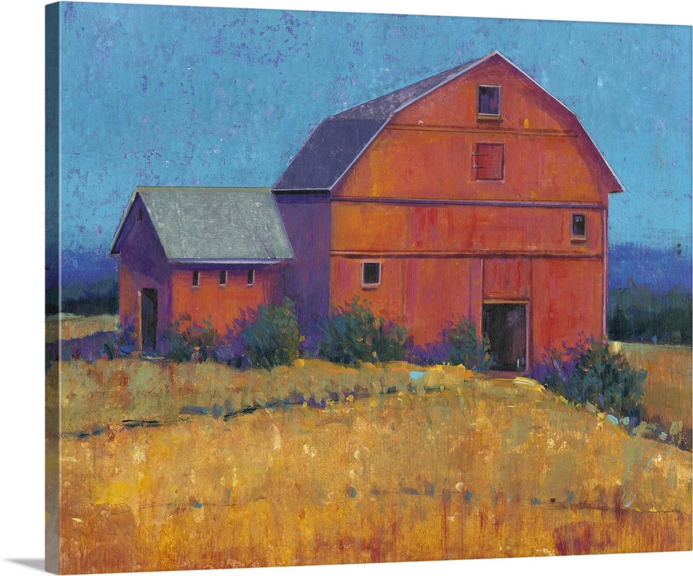 A painting of a simple countryside farmhouse in shades of red, yellow and blue fills this contemporary artwork.