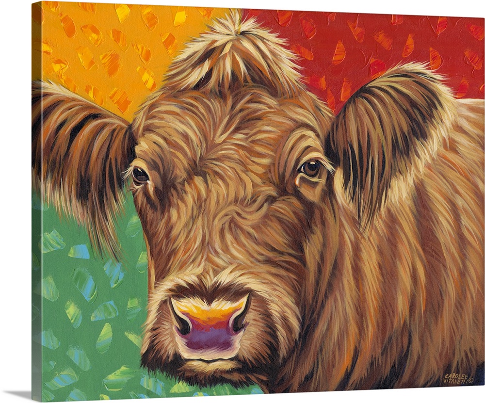 Colorful contemporary painting of a portrait of a cow.