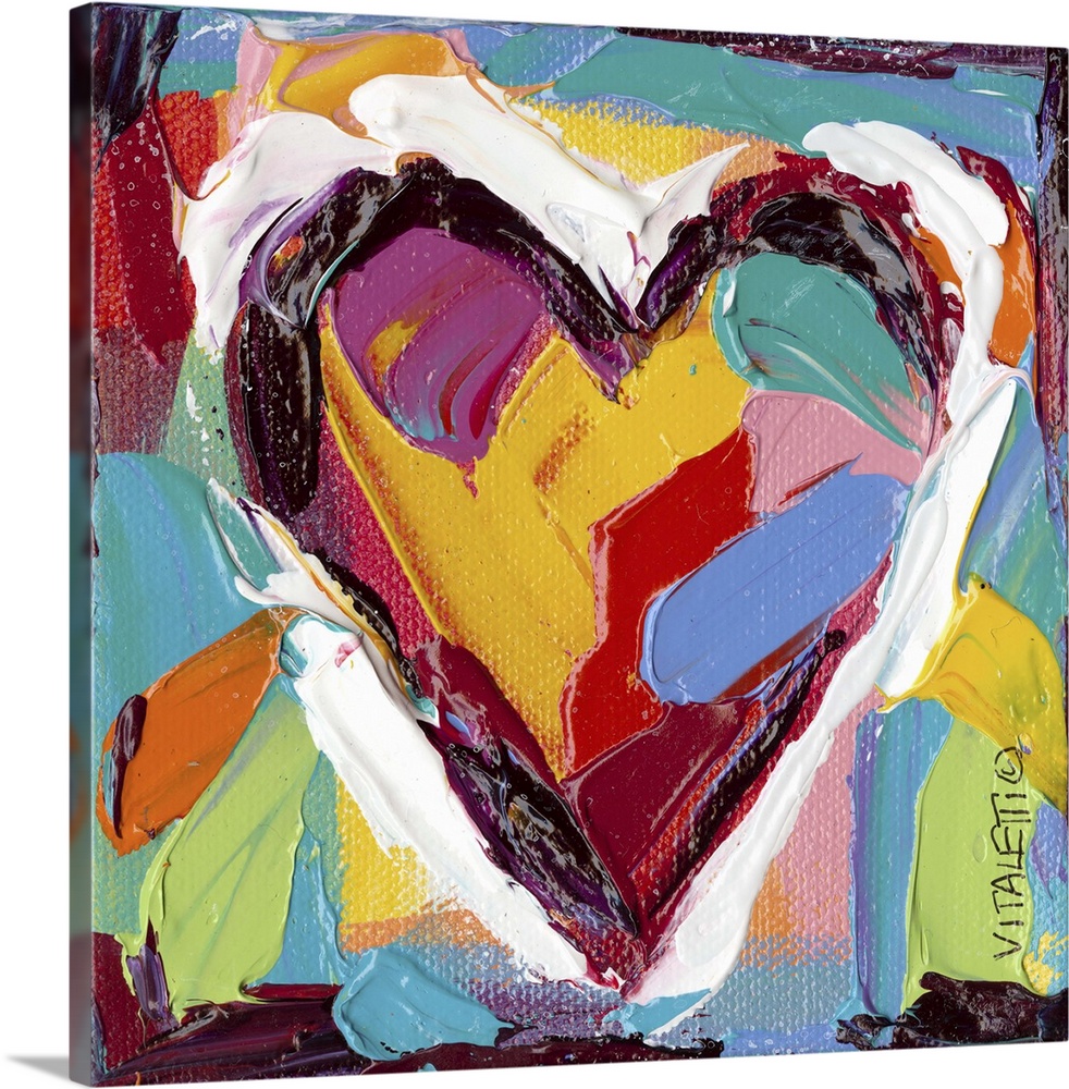 Artwork of a technicolor heart with heavy dabs of paint and vivid colors.