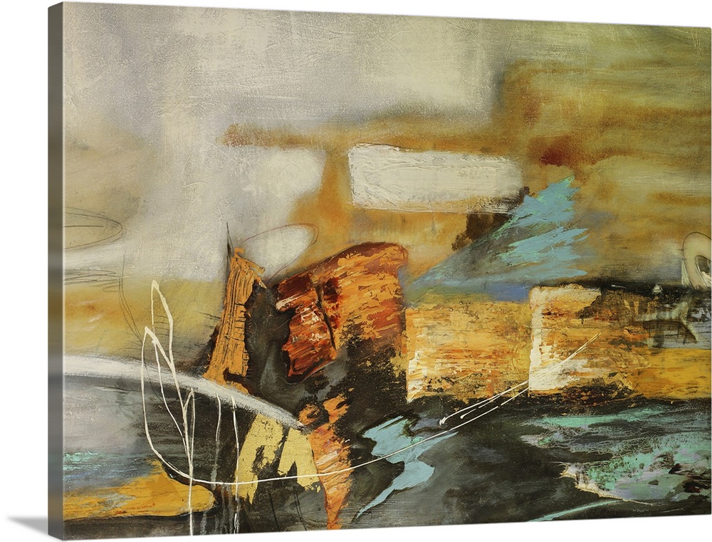 Horizontal abstract painting in tones of yellow, orange and gray with thin white brushstrokes overlapping.