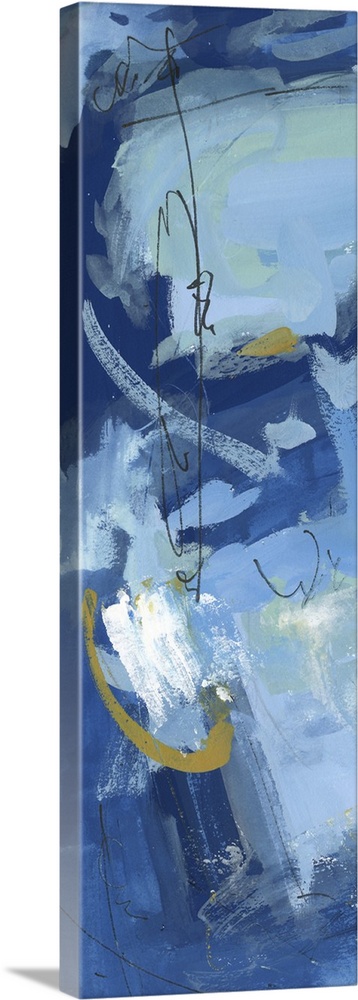 Vertical abstract painting in cool blue shades with contrasting yellow.