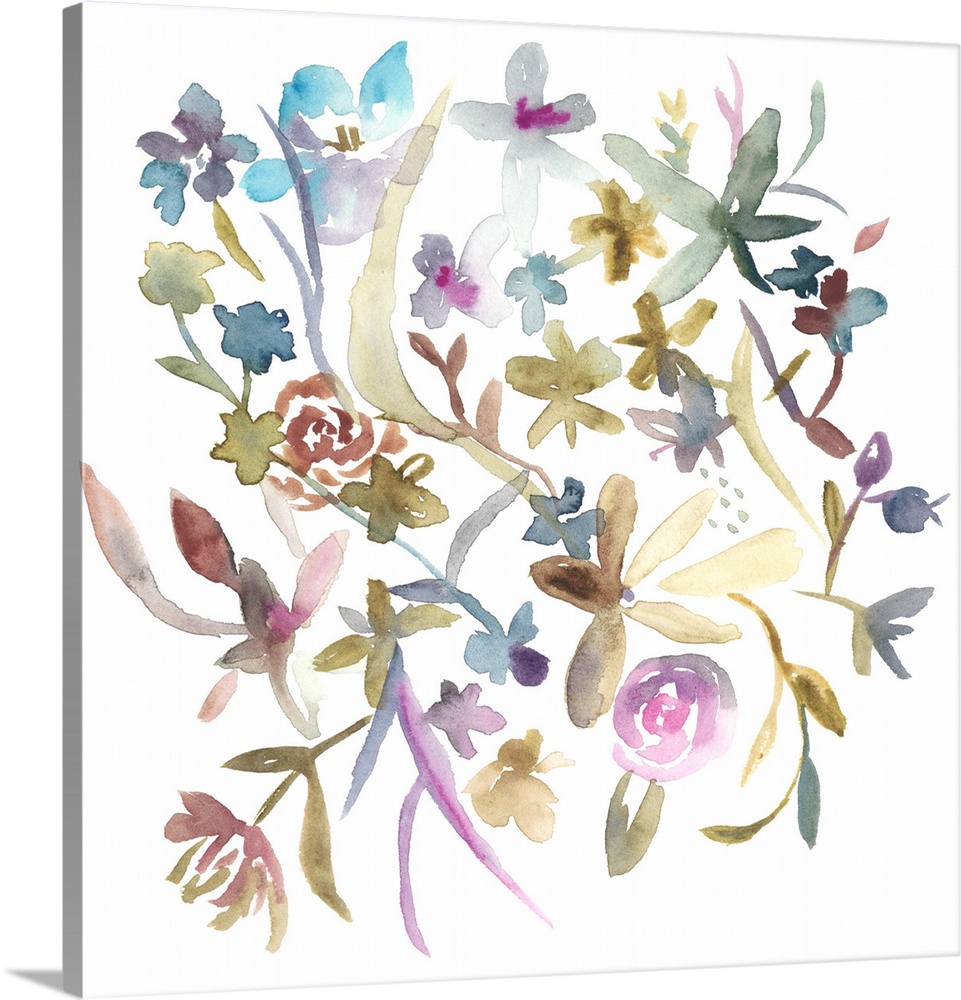Watercolor painting of colorful wildflowers on a white square background.