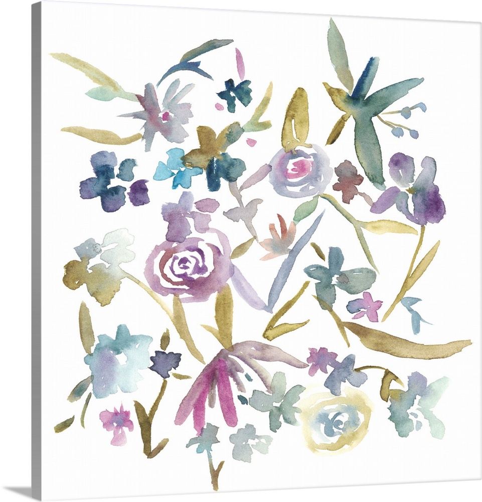 Watercolor painting of colorful wildflowers on a white square background.