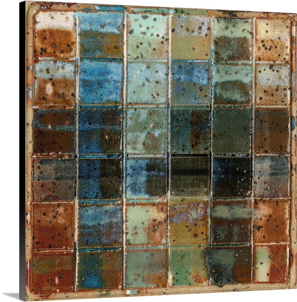 A contemporary abstract painting of a grid of squares in grungy muted colors.