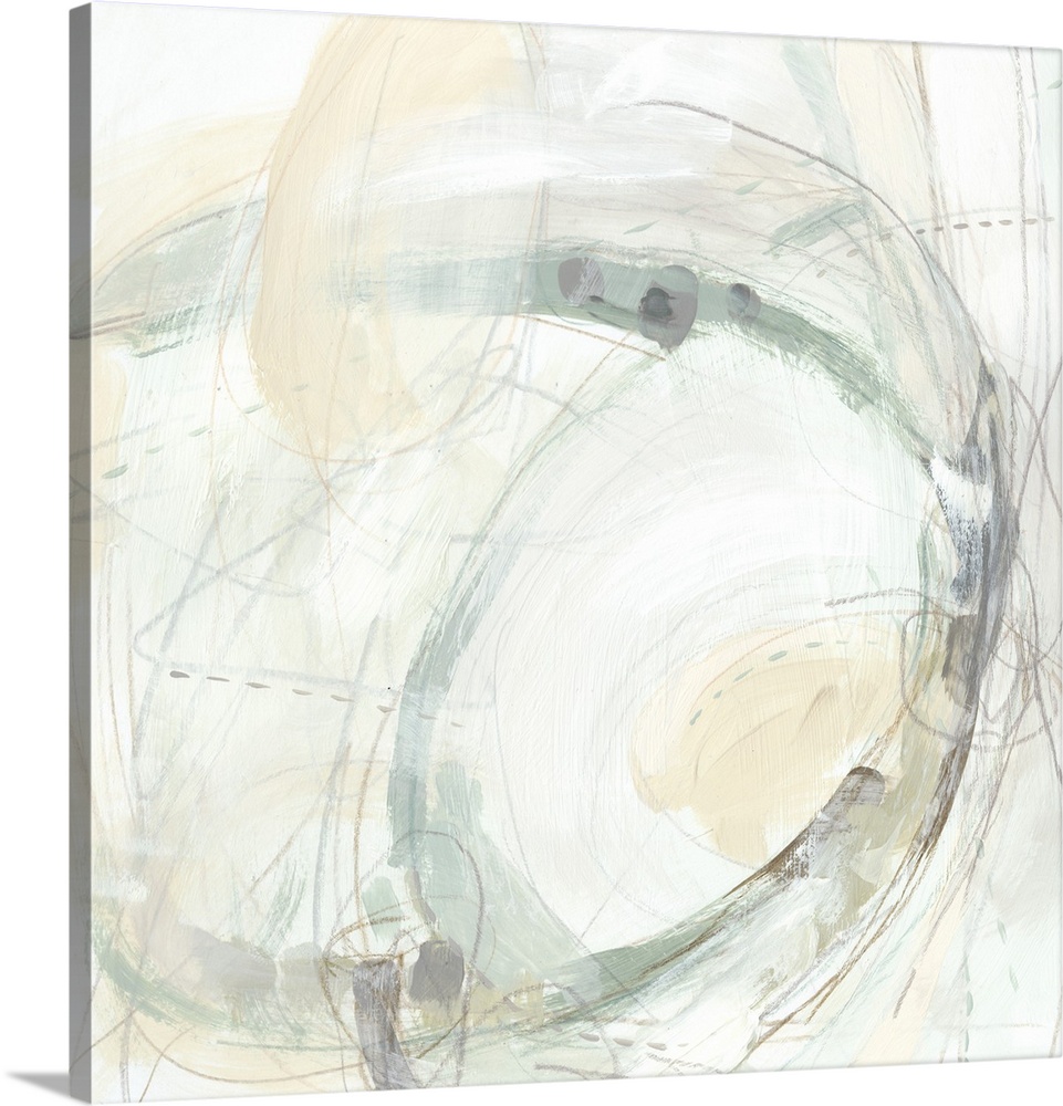 Swirling abstract artwork in pale neutral tones.
