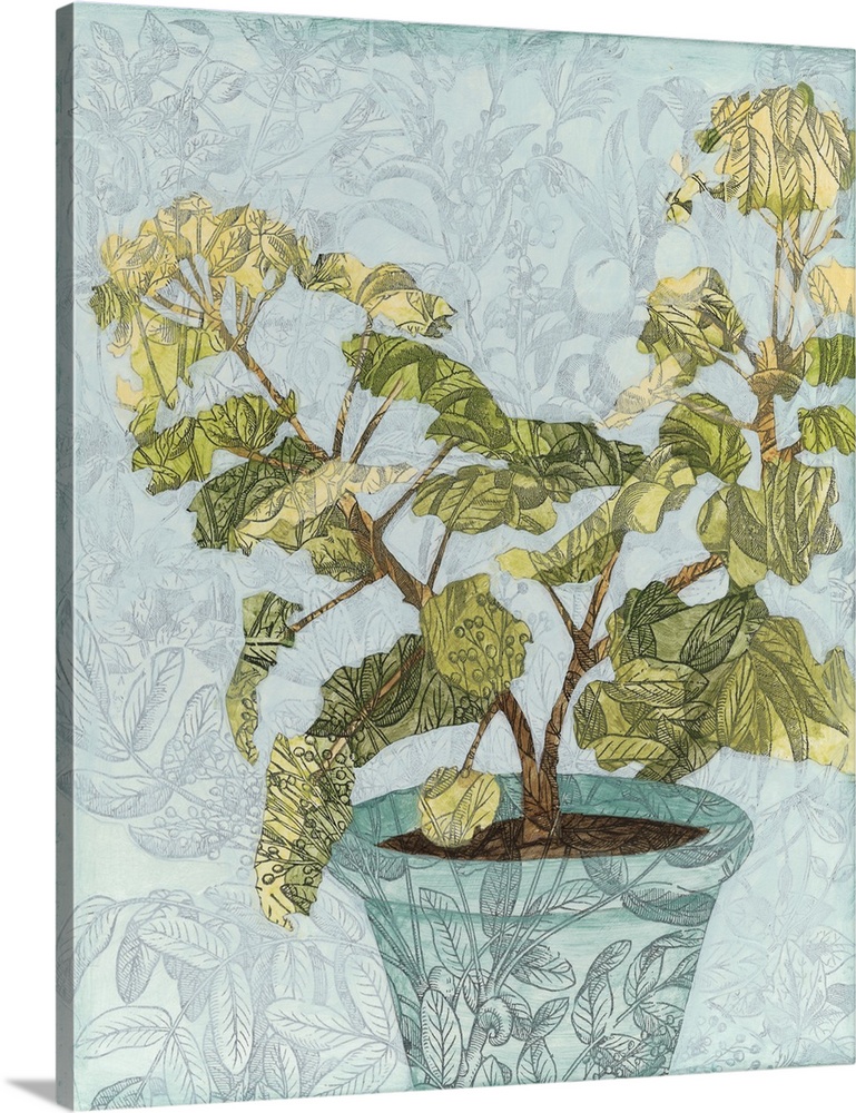 Contemporary collage art of a decorative plant in a blue pot on a light blue background, all with illustrated leaves and b...
