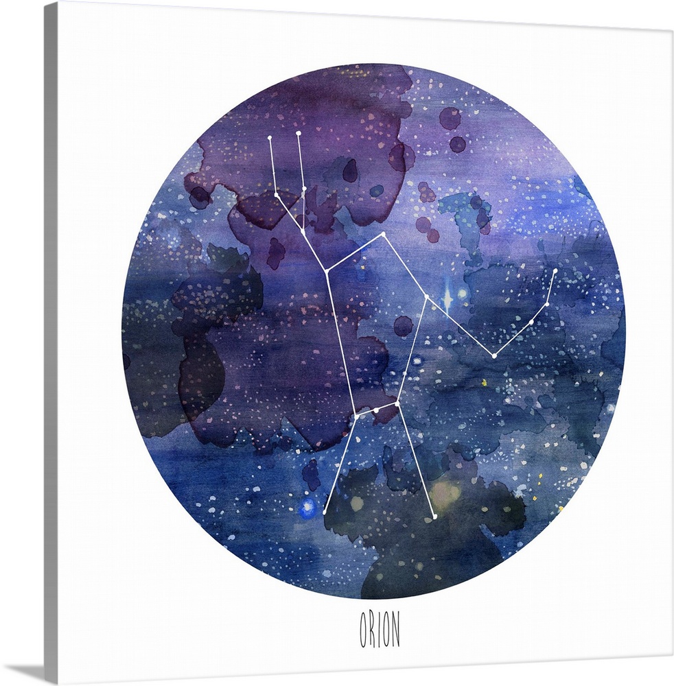 The constellation Orion in the night sky, in a watercolor circle.