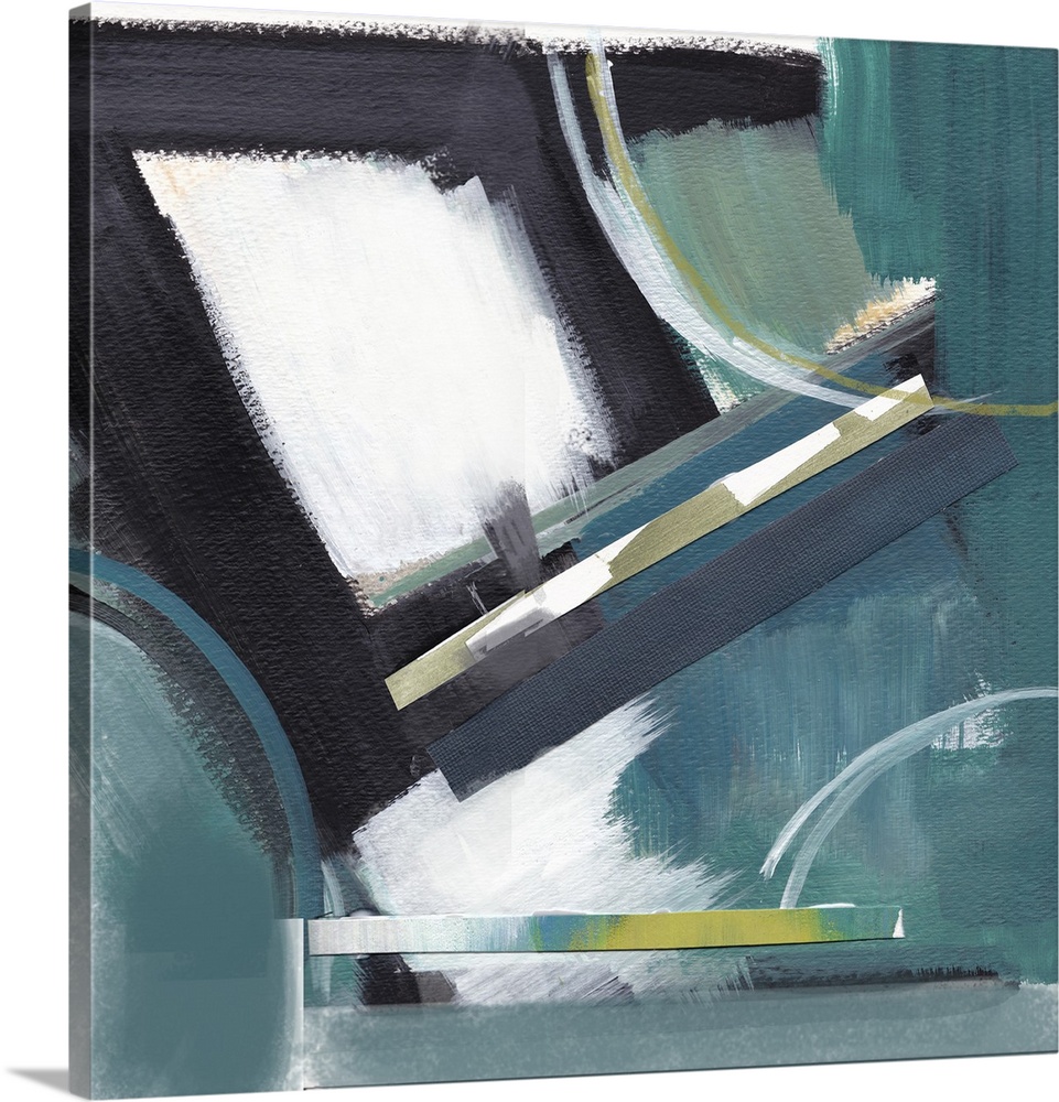 Square abstract art in shades of blue, green, white, and black with some pieces glued on top creating depth and texture.