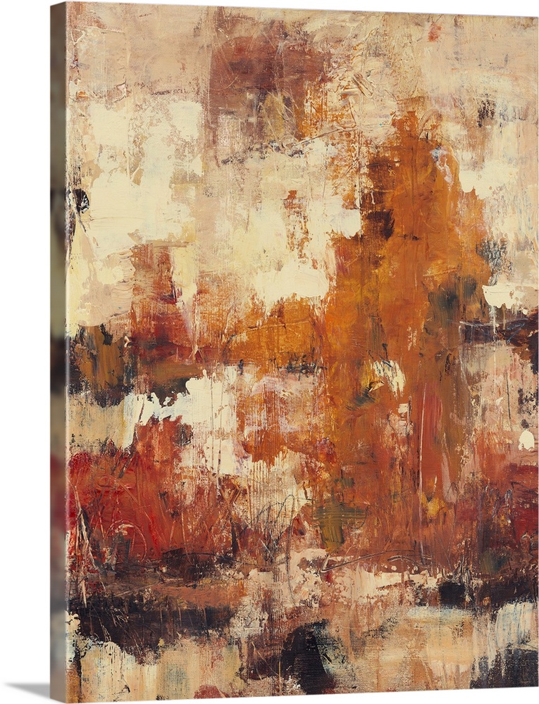 Abstract artwork that uses autumn colors splashed onto a neutral background with a distressed look.