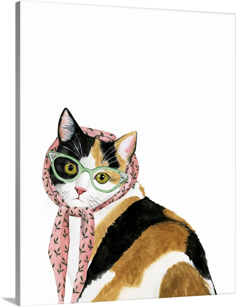 Humorous illustration of a calico cat wearing a headscarf and librarian glasses.