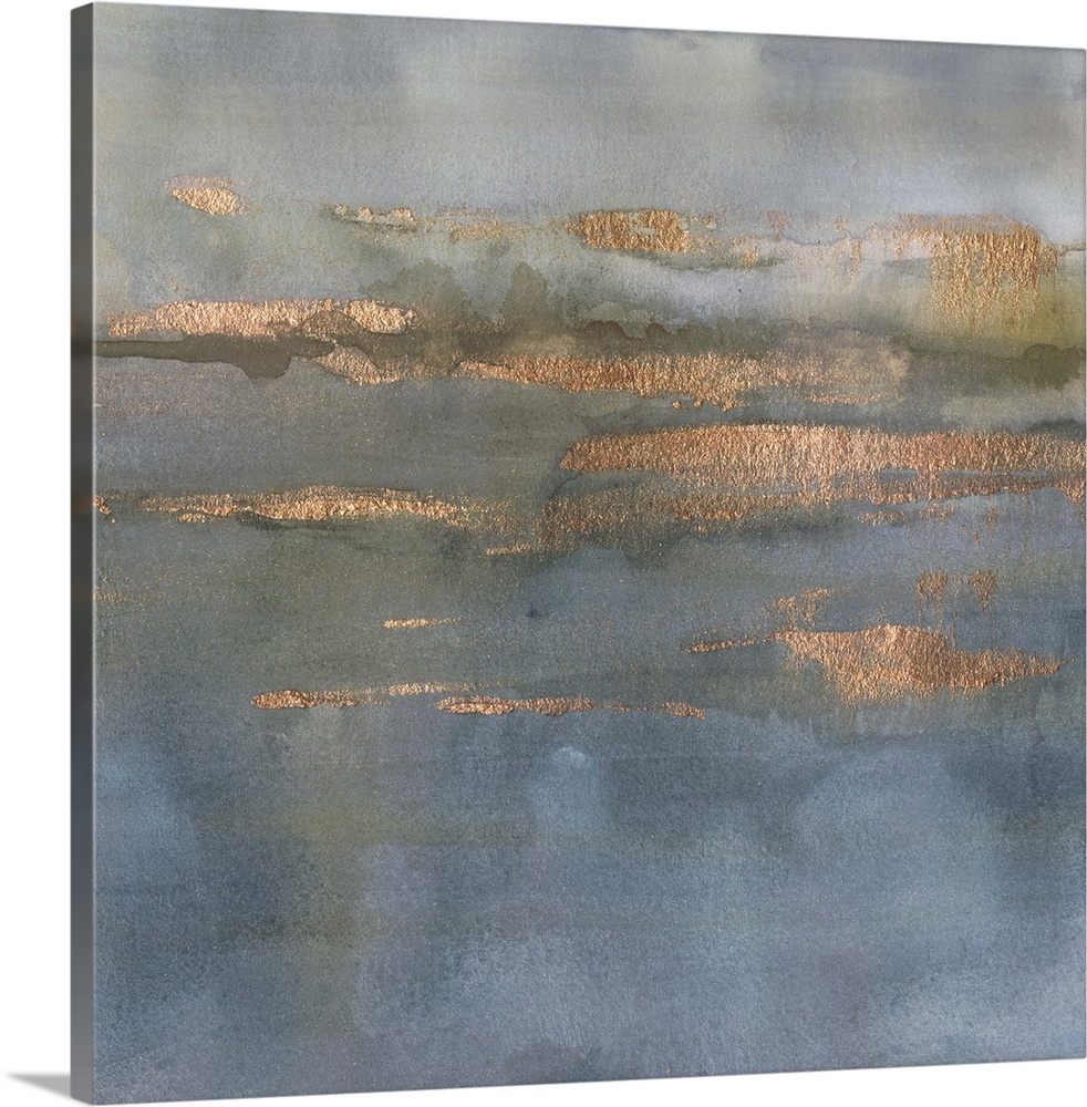Square abstract painting of horizontal blurred brush strokes in gray tones with hints of metallic copper.