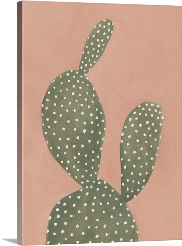 Contemporary painting of a cactus on a coral colored background.