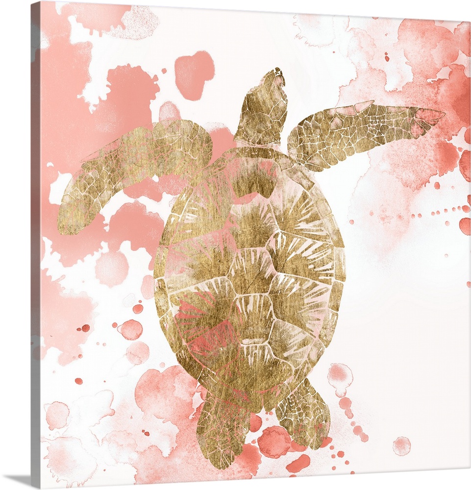 A gilded sea turtle against a white background with splashes of coral paint.