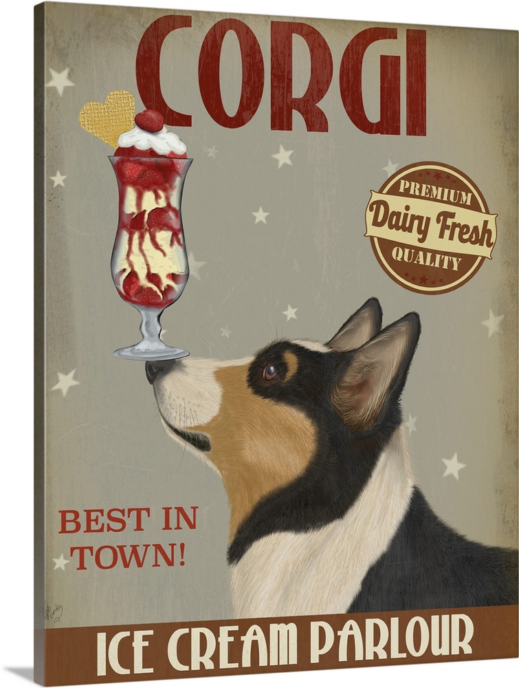 Decorative artwork of a Corgi balancing an ice cream sundae on its nose in an advertisement for an ice cream parlour.