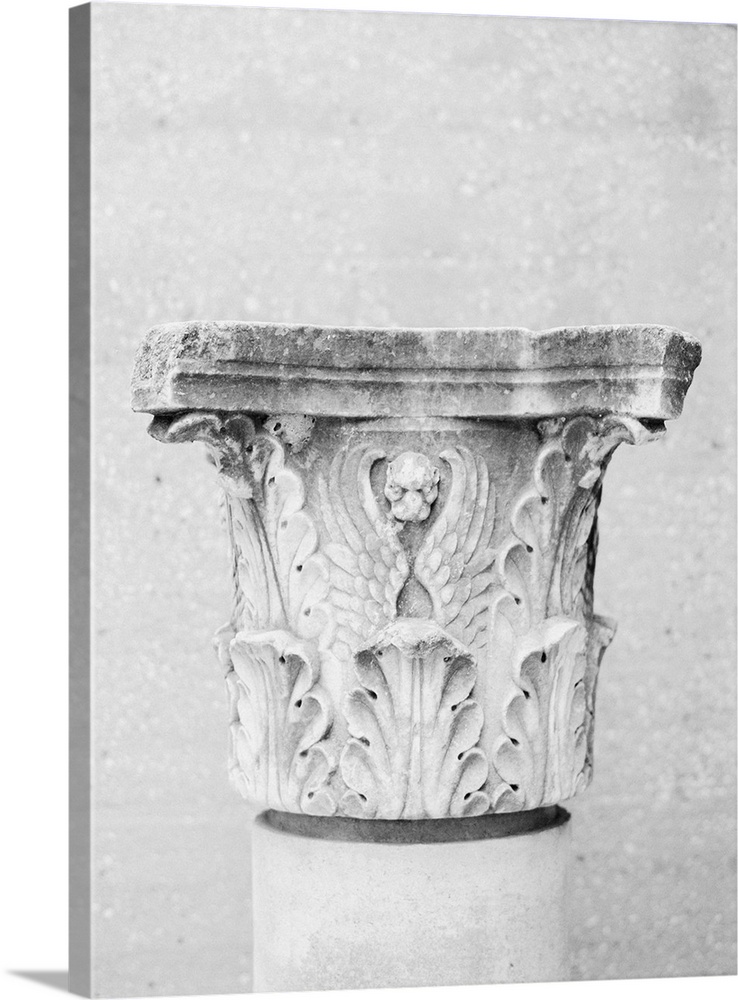 Black and White photograph of an ornately carved column, Athens, Greece.