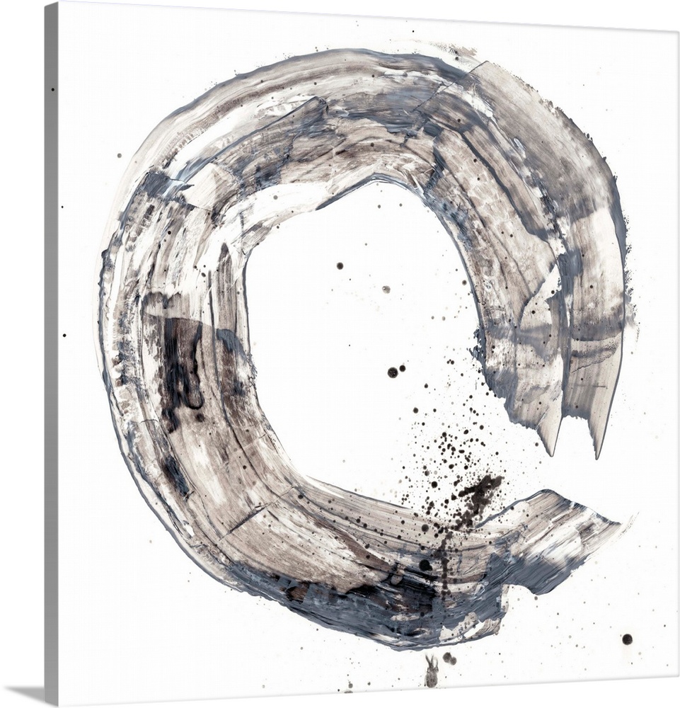 Abstract painting of a circular shape in a wide gray brush stroke with overlaying splatters of black.
