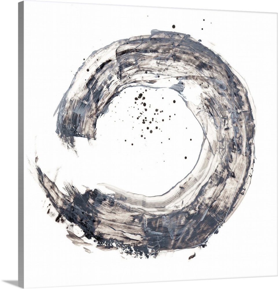 Abstract painting of a circular shape in a wide gray brush stroke with overlaying splatters of black.