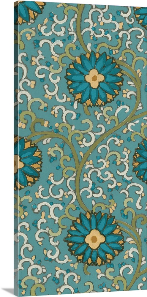 Decorative floral patterned artwork using blue and green tones.
