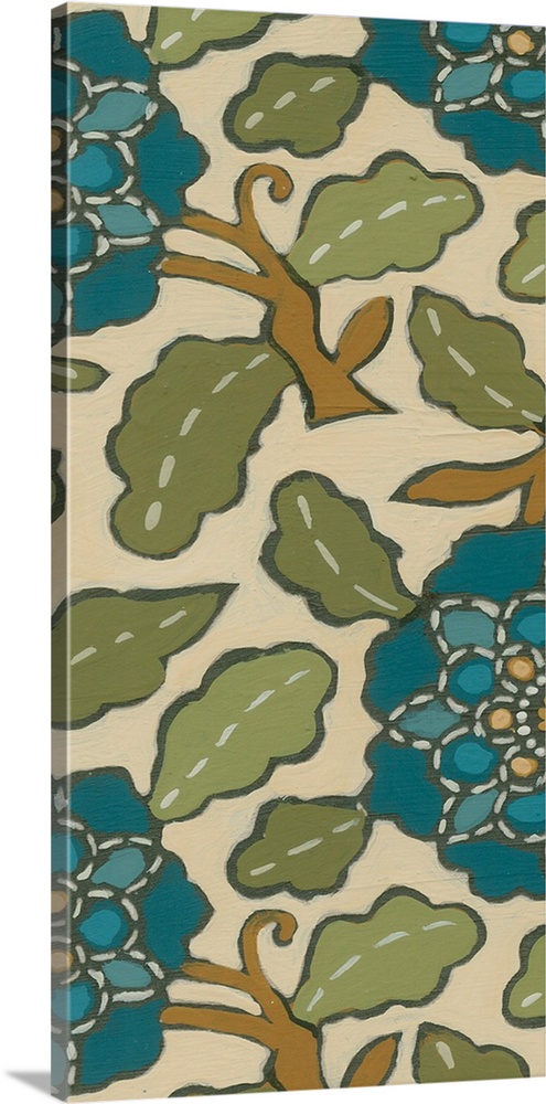 Decorative floral patterned artwork using blue and green tones mixed with earth tones.