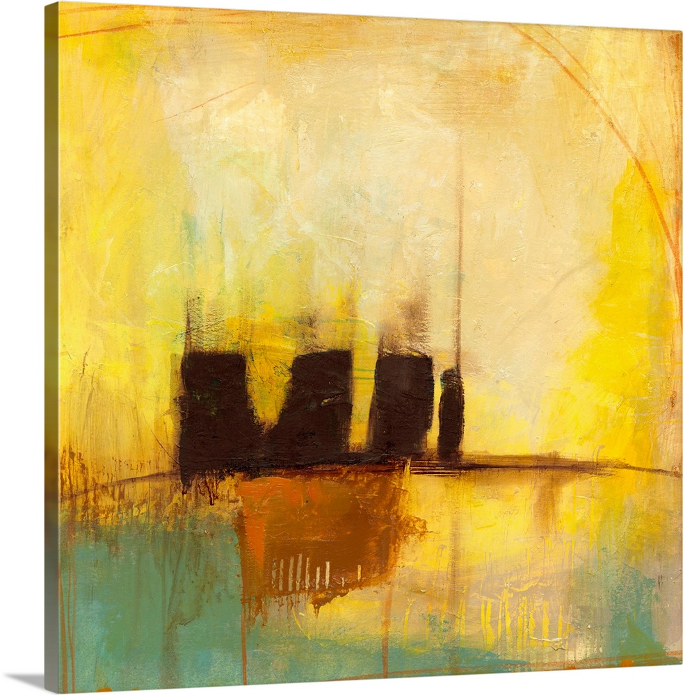 Giant square abstract painting of cool and golden patches of color layered with darker shapes, curving lines and runs in t...