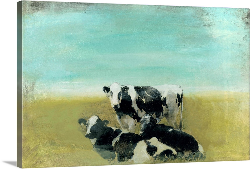 Contemporary painting of black and white cows grazing in a green field.