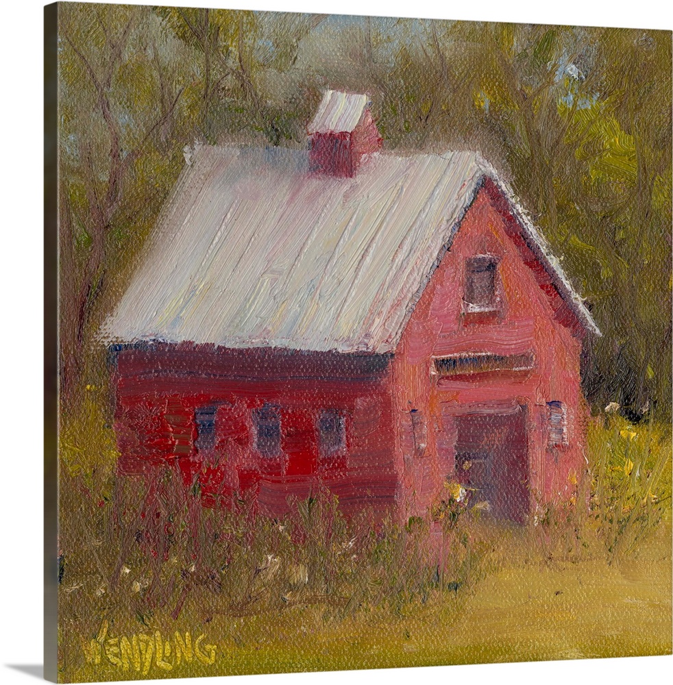 Contemporary painting of a red barn in the country, surrounded by trees.