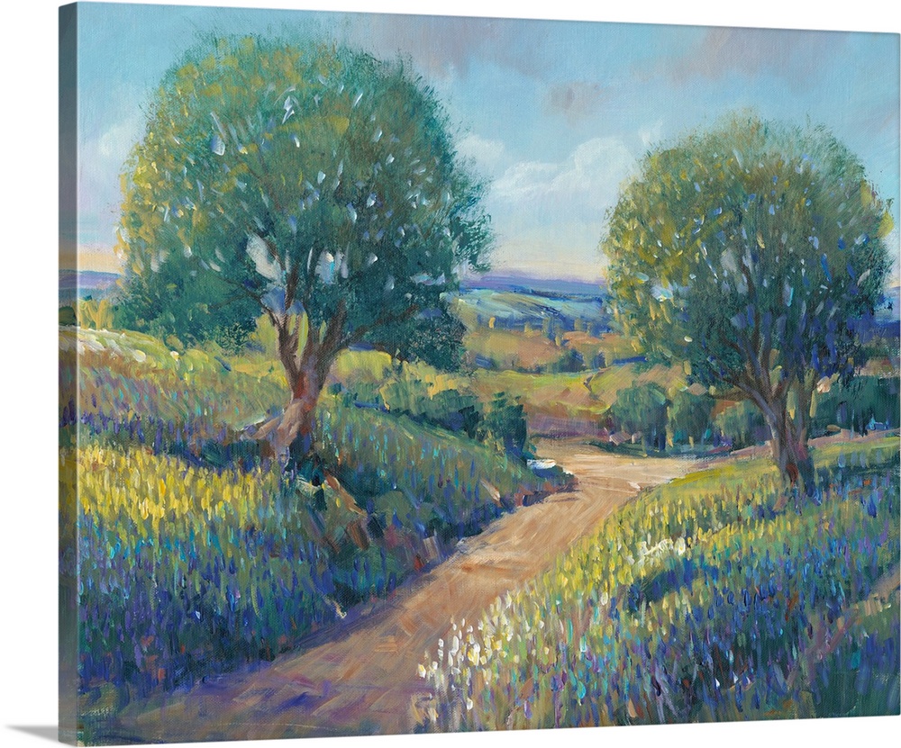 Contemporary landscape painting of trees along a dirt path in the countryside.