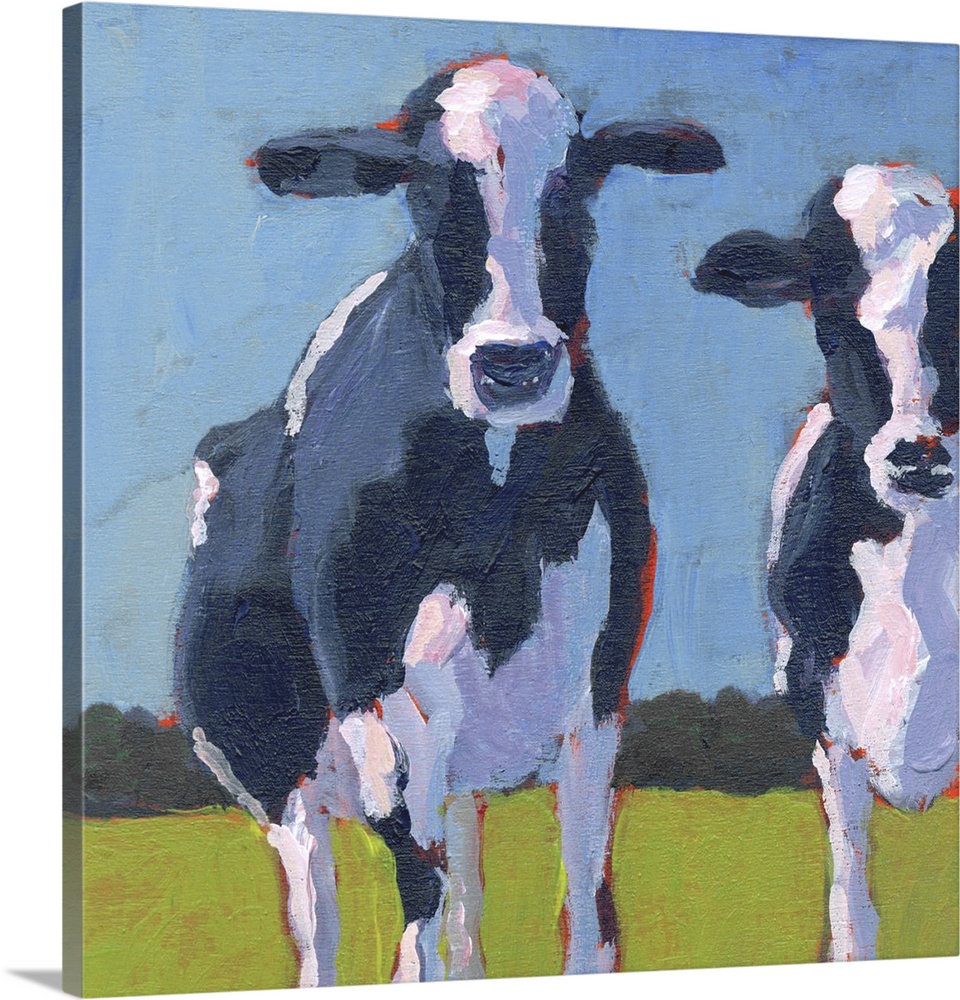 Contemporary painting of two black and white dairy cows in a green field.