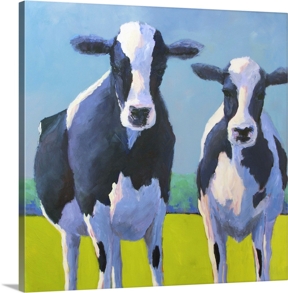 Contemporary painting of two black and white dairy cows in a green field.
