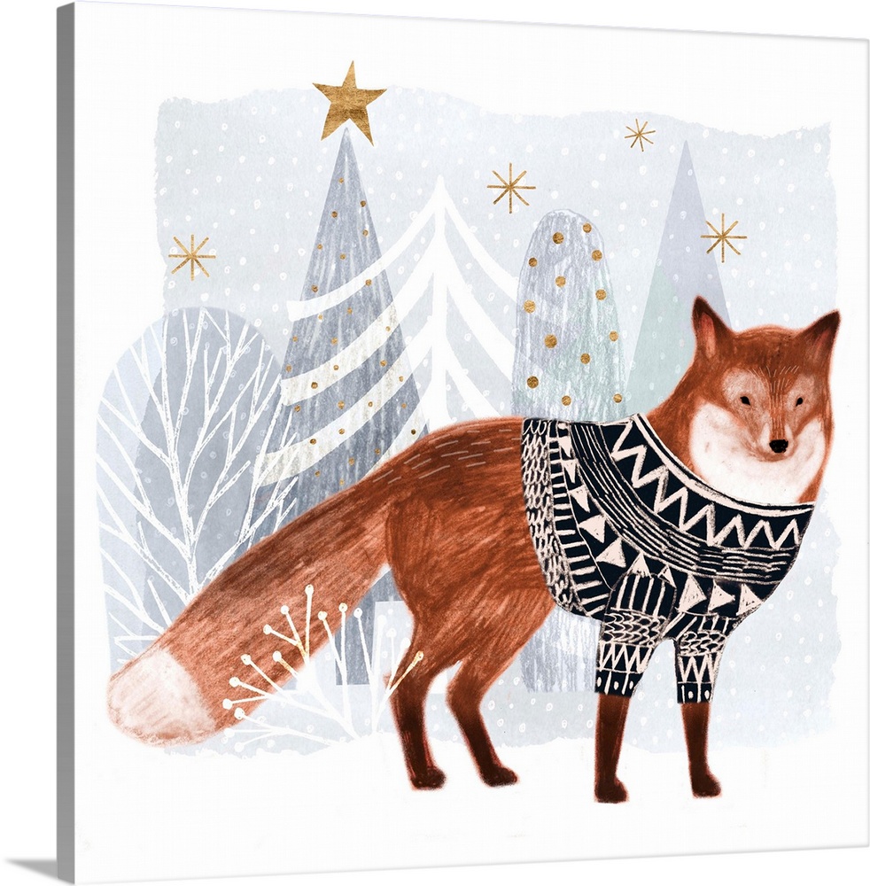 A festive fox with soft chalk edges wears a cozy sweater against a winter wonderland landscape.