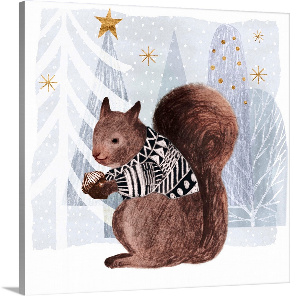 A festive squirrel with soft chalk edges wears a cozy sweater against a winter wonderland landscape.