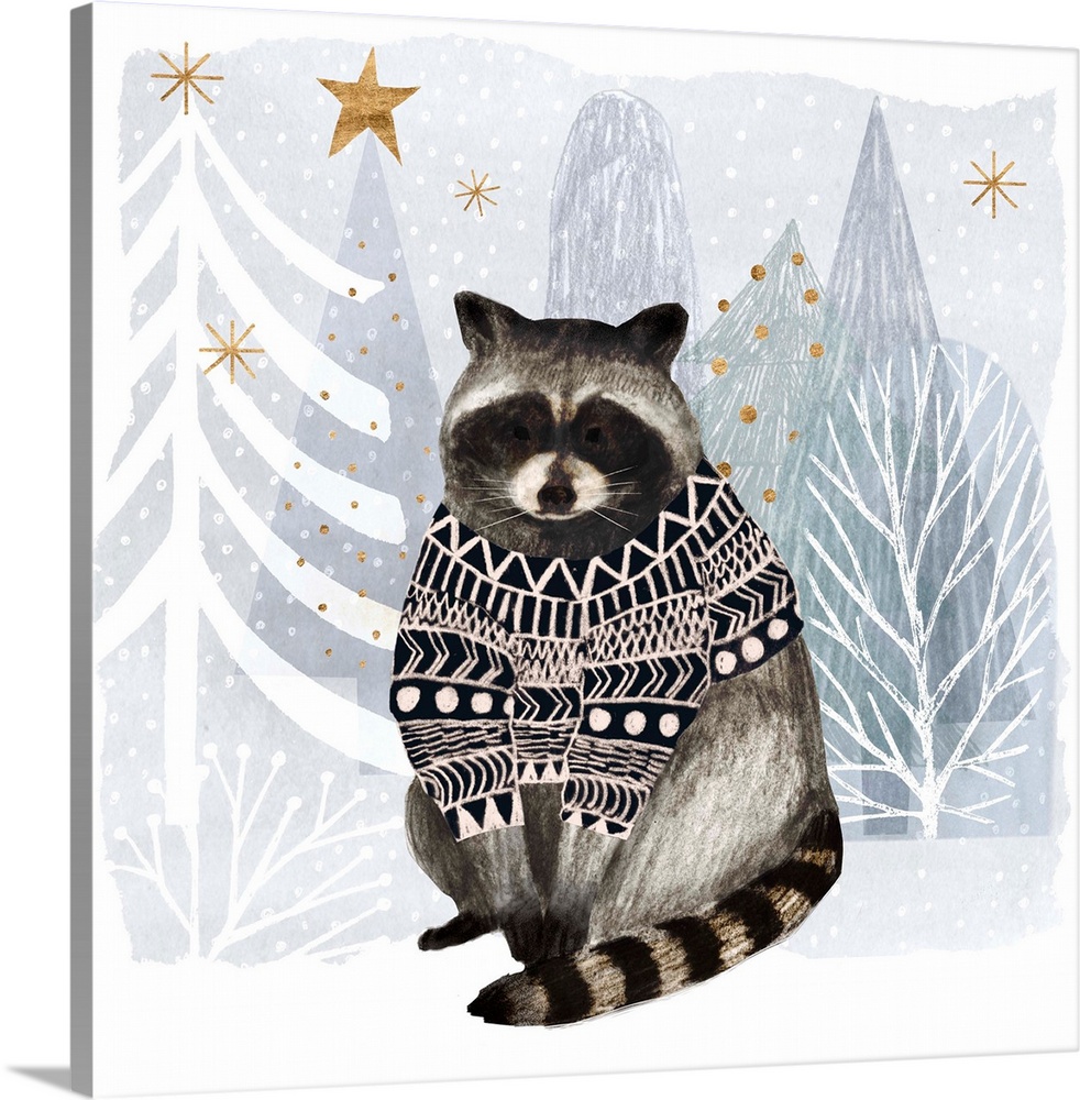 A festive raccoon wears a cozy sweater against a winter wonderland landscape.