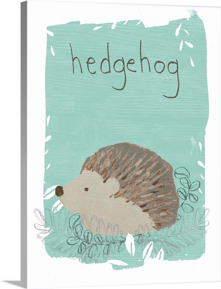 Cute nursery decor featuring a hedgehog on a teal background.