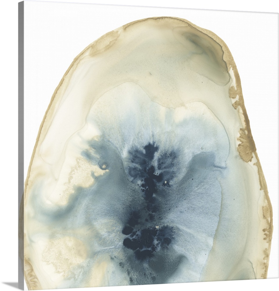 Watercolor painting of a geode stone with blue accents on a white background.