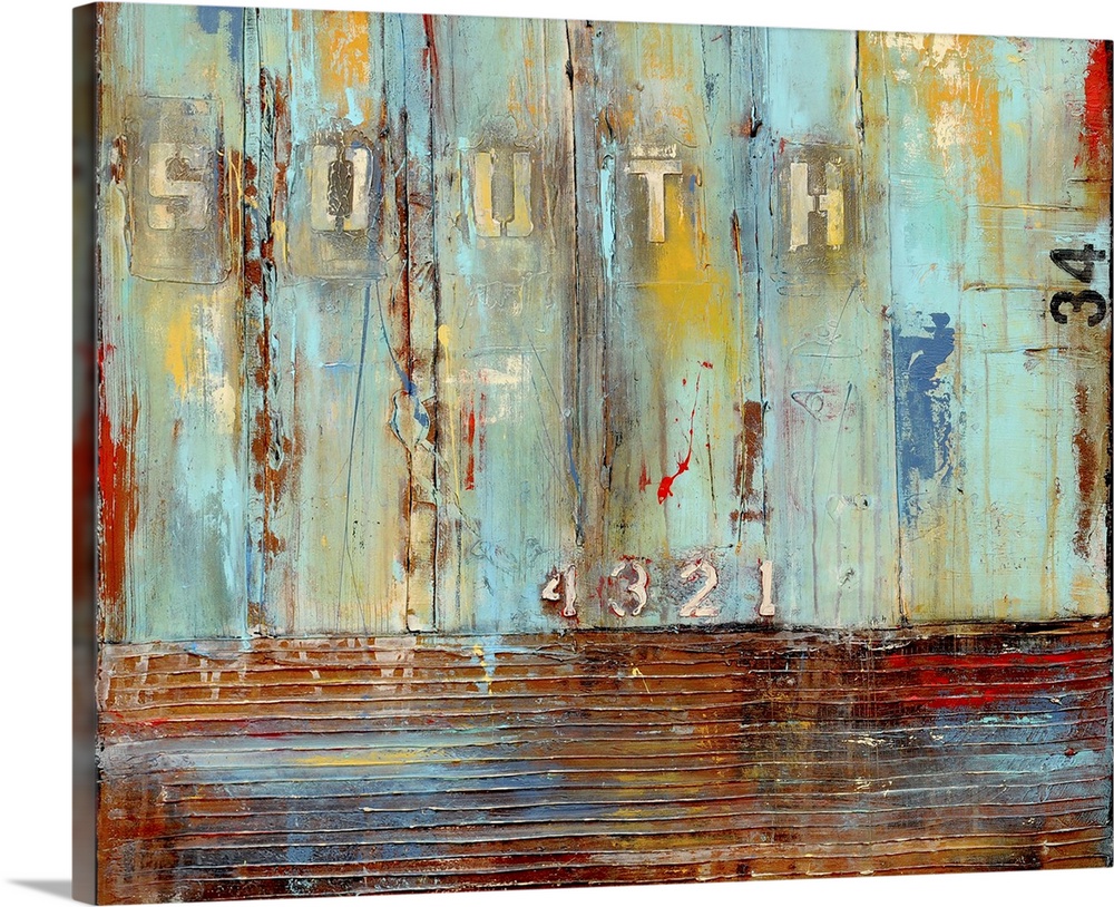 Contemporary abstract painting using colors in a rustic weathered fashion with stenciled letters.