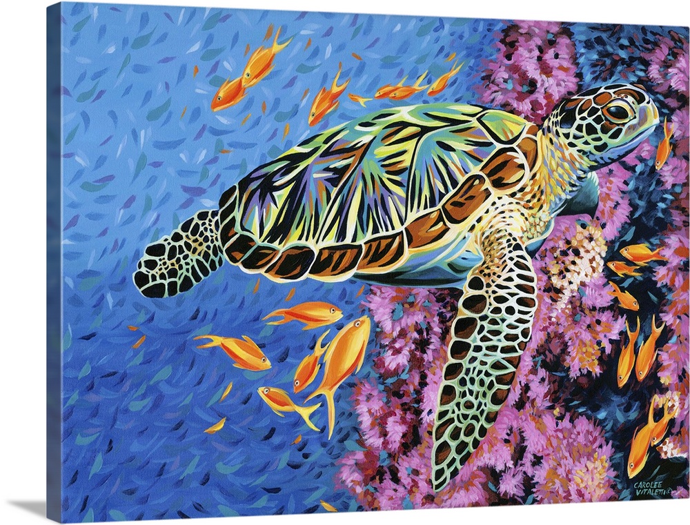 Contemporary painting of a sea turtle floating in the ocean with tropical fish and coral.