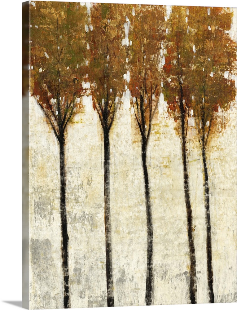 Contemporary painting of five thin trees with fall leaves.