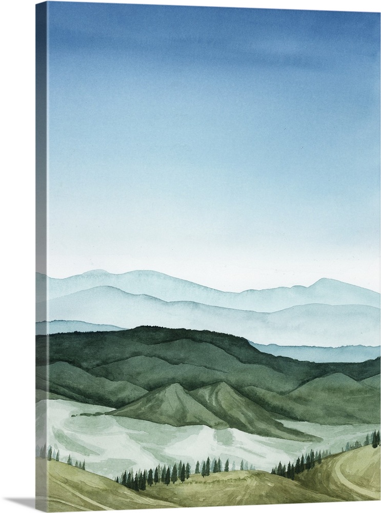 In this blue and green watercolor landscape, mountains are defined by gradated shadows with lighter hues to denote height ...